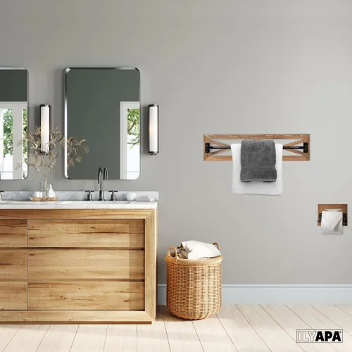 Miniatura 6 de Ilyapa Juego de soporte de papel higiénico rústico con toallero para baño, estantes de pared - Barra de madera de granero y metal negro, decoración
