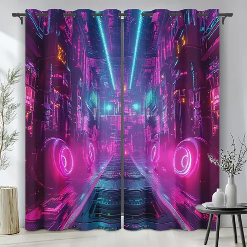 Miniatura 8 de Neon Synthwave Kitchen Curtains 2 Panels, Neon Cyberpunk Blackout Curtains Thermal Insulated Small Window Curtains, Colorful Futuristic Drapes