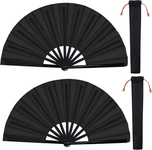 Paquete de 2 ventiladores plegables grandes de mano, abanicos plegables de mano chinos de tela de nailon de Tai Chi, ventilador de Kung Fu chino con