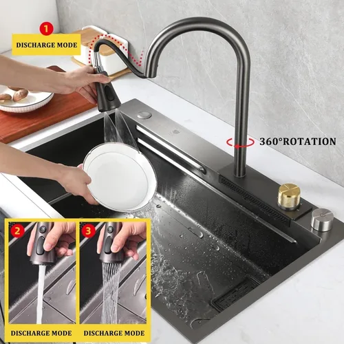 Miniatura 4 de Fregadero de cocina nano negro 304 de acero inoxidable 304, fregadero multiusos de preparación de barra de un solo tazón con grifo y montaje