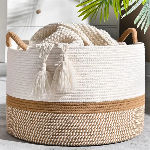 Miniatura 32 de KAKAMAY Cesta grande para manta (20 x 13 pulgadas), cestas tejidas para almacenamiento de ropa sucia de bebé, canasta de manta de cuerda de algodón