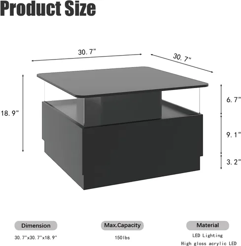 Miniatura 2 de HedoAjim Mesas de centro cuadradas con almacenamiento, mesa de centro moderna para sala de estar, mesas de centro redondas negras y 2 cajones Negro
