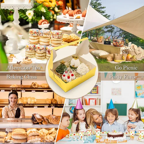 Miniatura 7 de KPOSIYA 65 PCS Cajas para Galletas de 8x6x2.5 Pulgadas con Ventana Cajas Doradas de Panadería Cajas de Repostería para Regalar, Golosinas, Postre