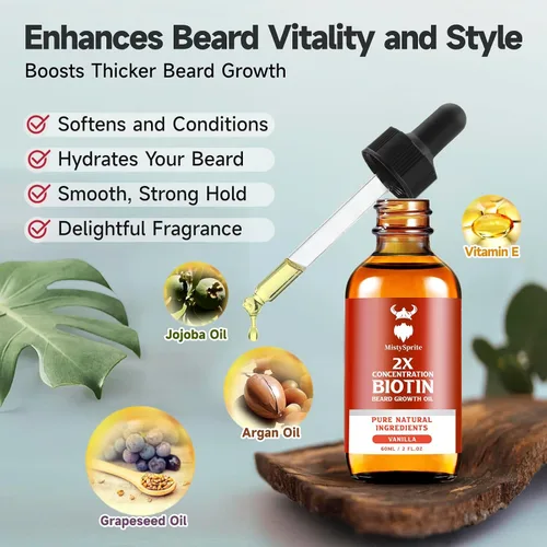 Miniatura 4 de Aceite para el crecimiento de la barba, biotina de concentración 2X para hombres (2 onzas), natural con argán, jojoba y vitaminas, suavizante