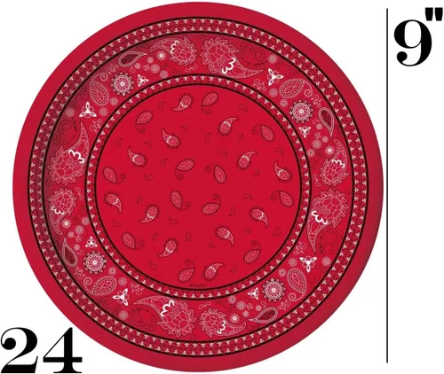 Miniatura 4 de Oojami Sirve 24 – Bandana roja suministros para fiesta occidental – Paquete completo de fiesta con platos llanos de 9 pulgadas, platos de postre