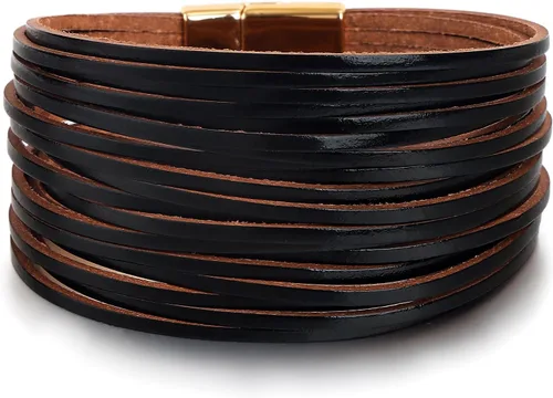 Miniatura 24 de Edoneery - Pulsera envolvente de cuero para mujer, brazalete de puño de múltiples capas hecho a mano estilo bohemio con cuentas de cristal