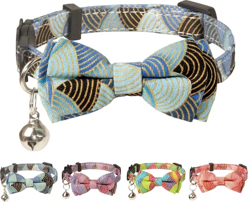 Miniatura 13 de Collar de gato Campana Pajarita Gatito Seguridad Breakaway Flower Kimino Sakura Cake Patrón de dibujos animados Kitty Boy Girl Pet Flower - Azul