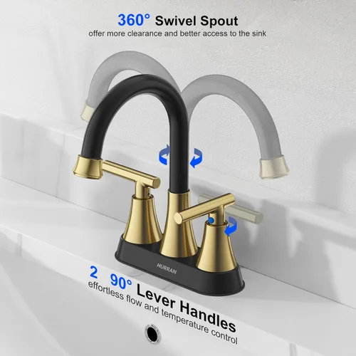 Miniatura 4 de Grifos de baño para lavabo de 3 orificios, Hurran grifo de lavabo de baño de 4 pulgadas en negro y dorado con desagüe emergente y mangueras