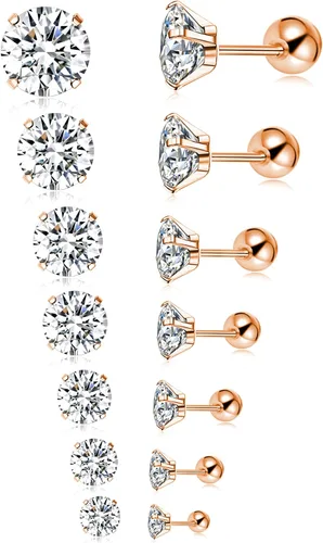 Tornito Juego de 7 pares de aretes de acero inoxidable de 0.71oz, redondos, circonita cúbica, para hombres y mujeres, 0.079in, tono oro rosa,