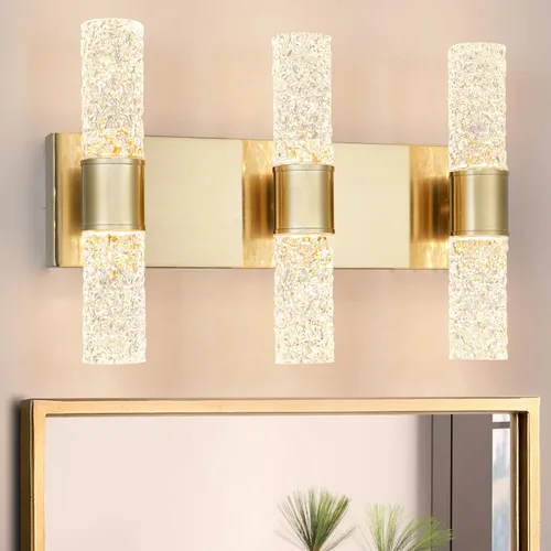 Luminaria de Baño Dorada, Lámpara de Tocador Moderna Cepillada con Cristal, Luminaria de Tocador de Baño de 6 Luces de Cristal Sobre Espejo, Aplique