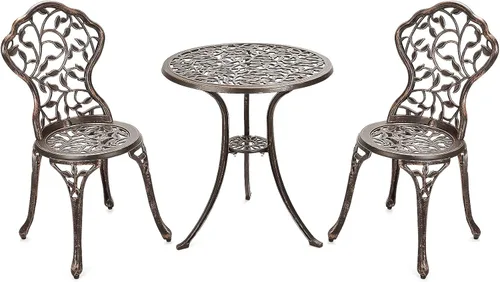 RELAX4LIFE Juego de 3 piezas de bistró para exteriores, juego de mesa de bistró de aluminio fundido para todo tipo de clima con elegante patrón de