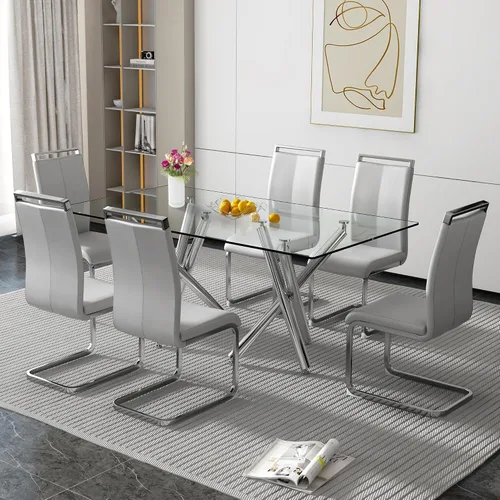 Miniatura 7 de Juego de 6 mesas de comedor de cristal, moderno juego de mesa de comedor de vidrio templado rectangular transparente de 71 pulgadas y 6 sillas
