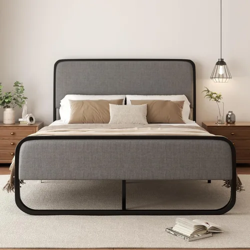 Miniatura 13 de Sismplly Base de cama tapizada de tamaño matrimonial con cabecero y estribo curvos, listones de metal resistente, almacenamiento debajo de la cama