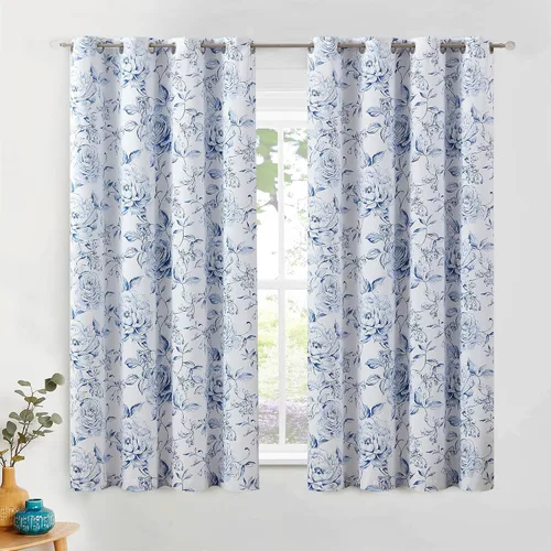 Miniatura 10 de Beauoop - Cortinas florales 100% blackout, de 84 pulgadas de largo, 2 paneles, para dormitorio, sala de estar, azul marino y blanco
