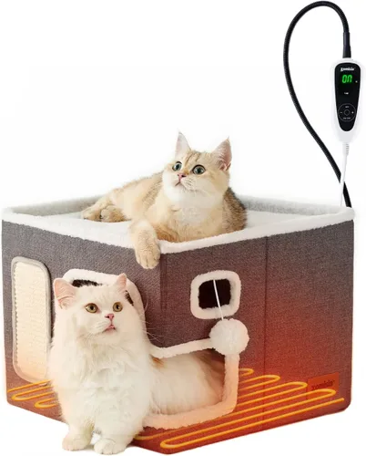 Miniatura 10 de ZOMISIA Casa térmica para gatos de interior – Cama grande de calentamiento para gatos para invierno con bola esponjosa colgante y almohadilla