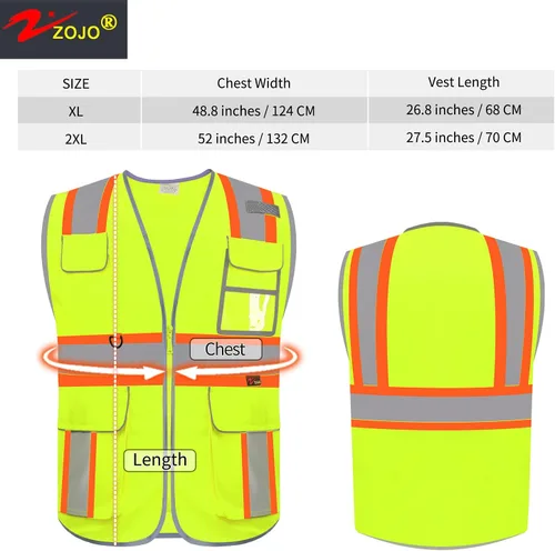 Miniatura 3 de zojo Chaleco de seguridad de alta visibilidad, reflectante con bolsillos multifuncionales y cremallera, para hombres y mujeres, Franja negra