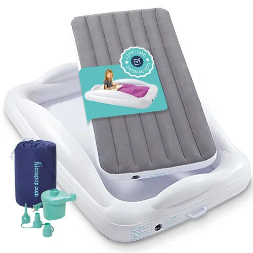 Miniatura 10 de hiccapop Cama inflable de viaje para niños pequeños con parachoques de seguridad [4 lados], cama portátil para niños, colchón de aire para niños