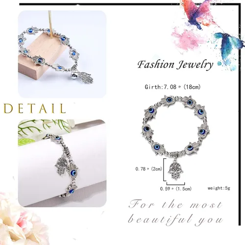 Miniatura 4 de Zeshimb Pulsera Hamsa de ojo turco con cuentas de cristal, pulsera de mano de Fátima elástica lateral con ojo azul Hamsa, pulsera turca de mal