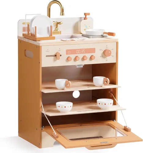 Miniatura 9 de ROBOTIME Fregadero Lavavajillas de Juguete de Madera – Juguete de Cocina de Imitación Color Caramelo con Grifo Dorado, Perillas Giratorias, Estante