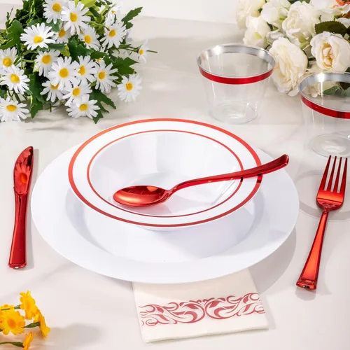 Miniatura 2 de Goodluck Paquete de 50 cuencos de plástico con borde rojo, cuencos de sopa desechables de 12 onzas, cuencos de postre resistentes para bodas