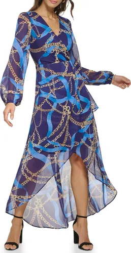 Miniatura 4 de GUESS Vestido largo de gasa con estampado de bufanda de manga larga para mujer