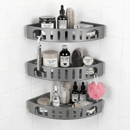 Miniatura 11 de Estante de ducha adhesivo de esquina sin taladro Organizador de baño de aleación de aluminio a prueba de óxido con soporte para afeitar