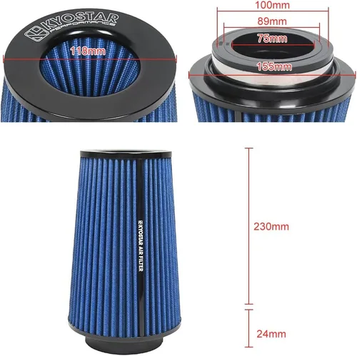 Miniatura 95 de KYOSTAR Filtro de aire universal de alto flujo de 3" (76 mm), entrada de aire frío de cono reutilizable, alto rendimiento, lavable, kit de aire seco