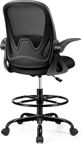Silla de dibujo alta de oficina con reposabrazos abatibles, altura ajustable y soporte lumbar mejorado, taburete ergonómico rodante, soporte de Negro