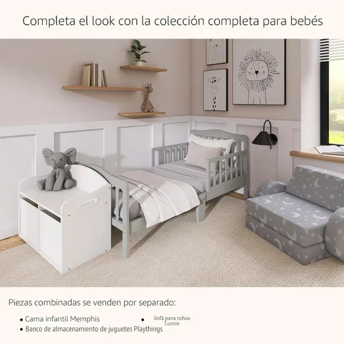 Miniatura 7 de Dream On Me Cama para niños pequeños de diseño clásico en gris claro, cama de madera baja al piso con rieles de seguridad, certificada GREENGUARD