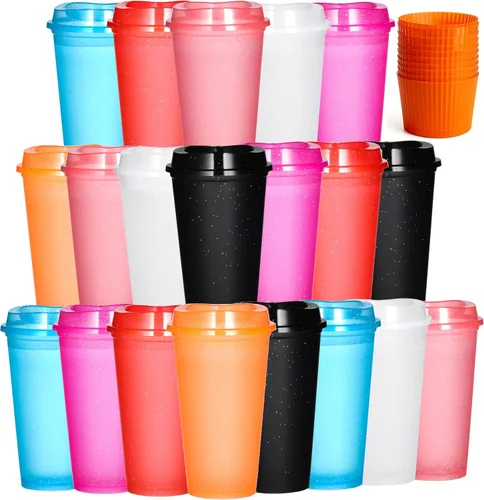Miniatura 18 de Paquete de 20 tazas de café reutilizables con tapas, vasos de plástico de 16 onzas, taza de viaje para café helado para adultos y mujeres, bebidas