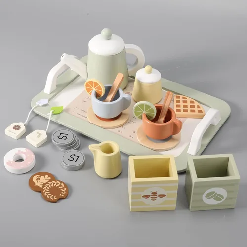 Juego de té de madera para niñas pequeñas, juego de té para niños pequeños, juguete de cocina de juguete de simulación para 1, 2, 3, 4, 5 años