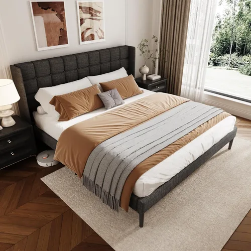 Miniatura 3 de Base de cama tamaño matrimonial con cabecera con respaldo de ala, base de cama tapizada de lino con cabecera capitoné con botones, soporte