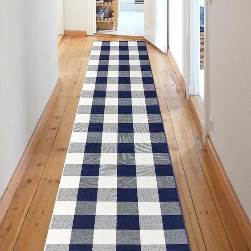 Miniatura 60 de Alfombra de Exterior de Cuadros Buffalo 2x3 pies, Alfombra Tejida de Algodón Negro y Blanco Roto, Tapetes para Puerta de Porche Frontal, Alfombra