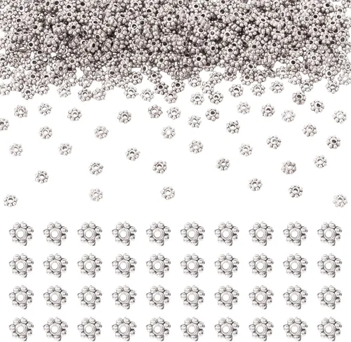 Fashewelry 1000 cuentas espaciadoras de flores de margarita de plata antigua, de 4 a 0.177 in, copos de nieve tibetanos, flores de invierno, cuentas