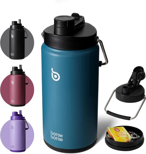 Miniatura 9 de BOTTLE BOTTLE Botella de agua aislada de 64 onzas con popote y tapa de doble uso, jarra de agua de medio galón, acero inoxidable al vacío para Gris