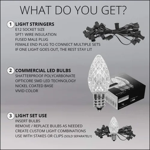 Miniatura 5 de Wintergreen Lighting C7 OptiCore - Luces de Navidad comerciales – Bombillas LED resistentes en cable verde (100 luces, 100 pies, verde/blanco frío)