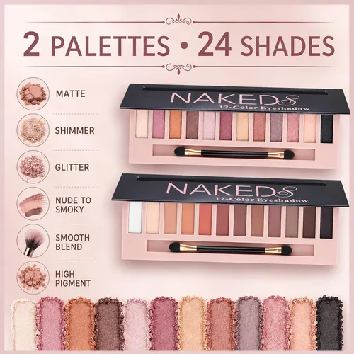 Miniatura 5 de Sulily Kit de paleta de sombras de ojos desnudas de 12 colores, paleta de sombra de ojos con pigmento ahumado mate mate con brillantina, paletas