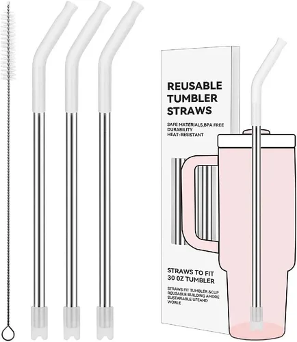 Miniatura 75 de Pajitas de metal rectas para vaso Stanley de 40 onzas, paquete de 3 popotes reutilizables de acero inoxidable con puntas de silicona y cepillo Gris