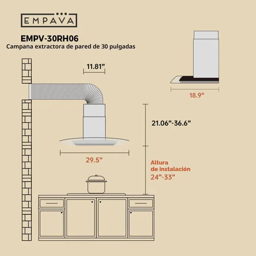 Miniatura 6 de Empava Campana extractora de montaje en pared de 30 pulgadas, ventilación de escape de estufa de cocina con conductos/sin conductos