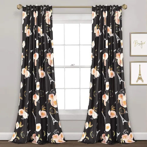 Lush Decor Par de paneles de cortina vintage para ventana con texto en inglés «Paris» de 52 pulgadas de ancho x 84 pulgadas de largo, color negro,