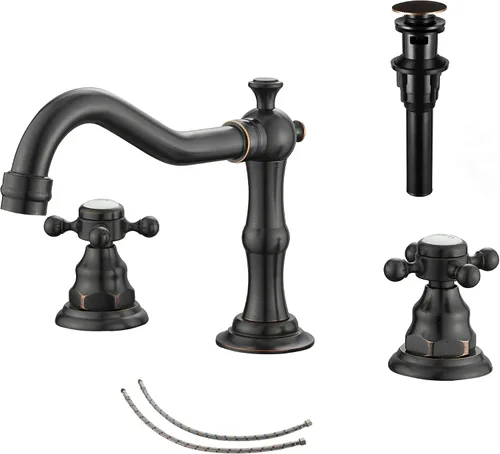 Miniatura 9 de Grifo de 2 manijas para lavabo de baño de tres agujeros, grifo de lavabo extendido, latón antiguo, grifo mezclador con manguera de suministro