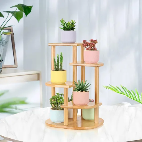 Miniatura 2 de Jotsport Soporte de bambú de 5 niveles para plantas, estante pequeño para alféizar de ventana, mini suculentas, soporte de exhibición para sala
