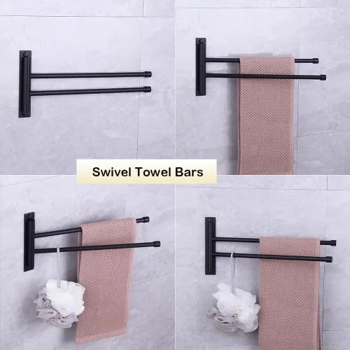 Miniatura 3 de Toallero de mano de baño negro mate 2 barras plegable brazo giratorio soporte de toalla Swing Out Towel Bar SUS 304 Acero inoxidable montaje en pared