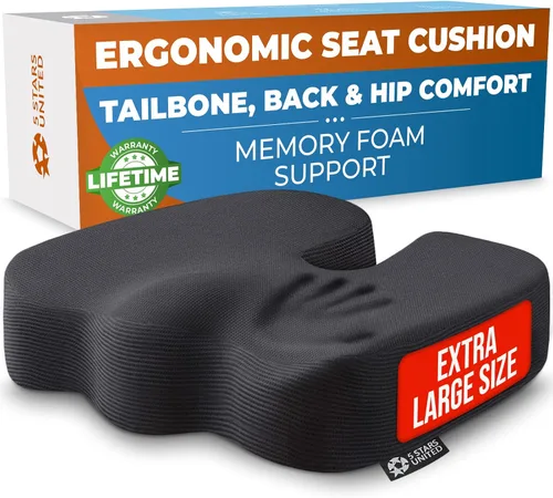 5 STARS UNITED Cojín de asiento para aliviar el dolor de coxis – Cojín grande de espuma viscoelástica para recuperación de coxis, cadera, ciática y