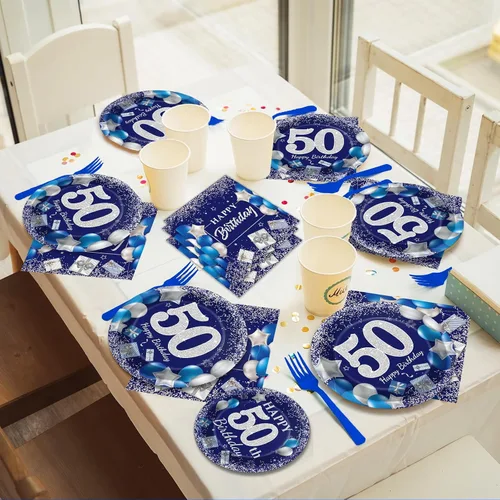 Miniatura 7 de 96 piezas de suministros para fiesta de cumpleaños número 50: platos azul marino y plateado, servilletas, tenedores y decoraciones de mesa para 24