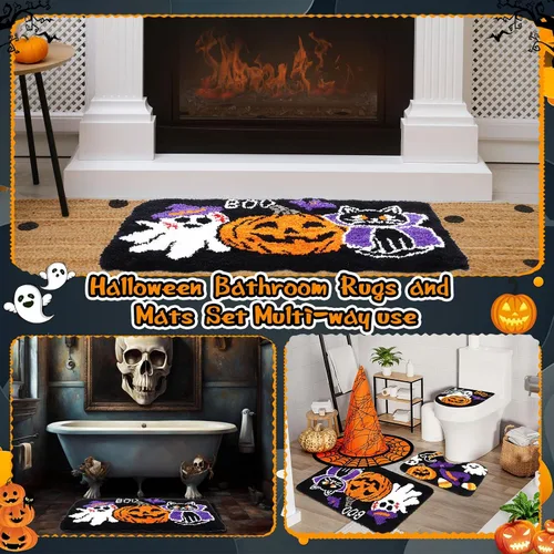 Miniatura 7 de Breling Juego de 3 piezas de alfombras de baño de Halloween, calabaza, antideslizante, lavable, alfombra de fantasmas, negra y púrpura, cubierta
