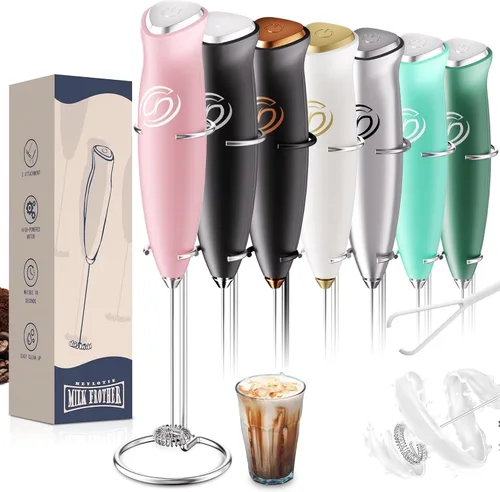 Miniatura 16 de Espumador de leche de mano, mezclador de bebidas, agitador de café de mano, espumador eléctrico para mezclador de café, varita con 2 batidores