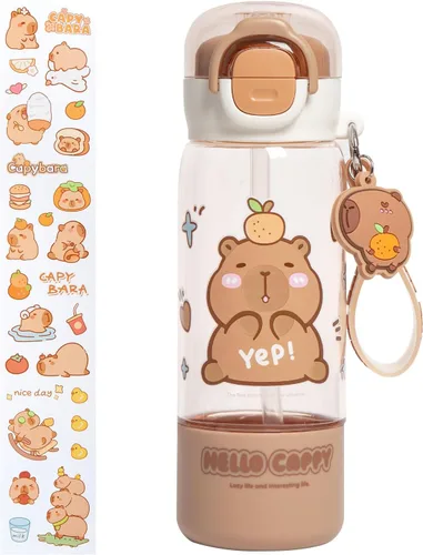 Miniatura 9 de Botella de Agua Capybara, Botella de Agua Kawaii con popote, bonitas botellas de agua Capybara con correa ajustable y calcomanías - para niños
