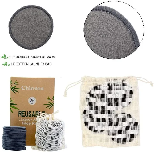 Miniatura 2 de Chloven Paquete de 25 almohadillas de bambú reutilizables para desmaquillarse de carbón, almohadillas de algodón reutilizables de bambú para tóner