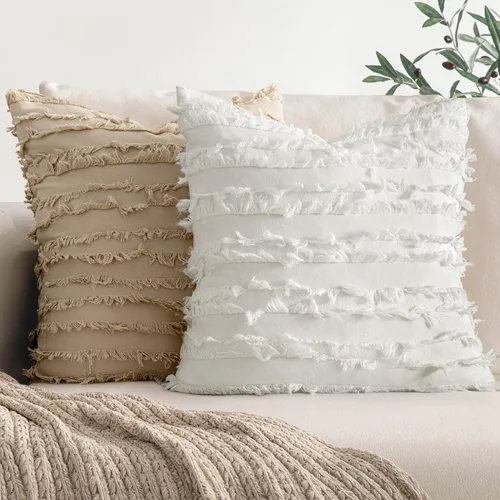 Miniatura 5 de MIULEE - Juego de 2 fundas de cojín decorativas de lino y estilo bohemio, con patrón jacquard a rayas, para sofá, sillón, sala de estar y Blanco